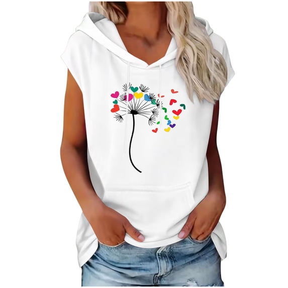 cocolona Womens Sleeveless Printed Pullover Hoodie Drawstring Trendy Casual Solid Color Sweatshirt with Pocket