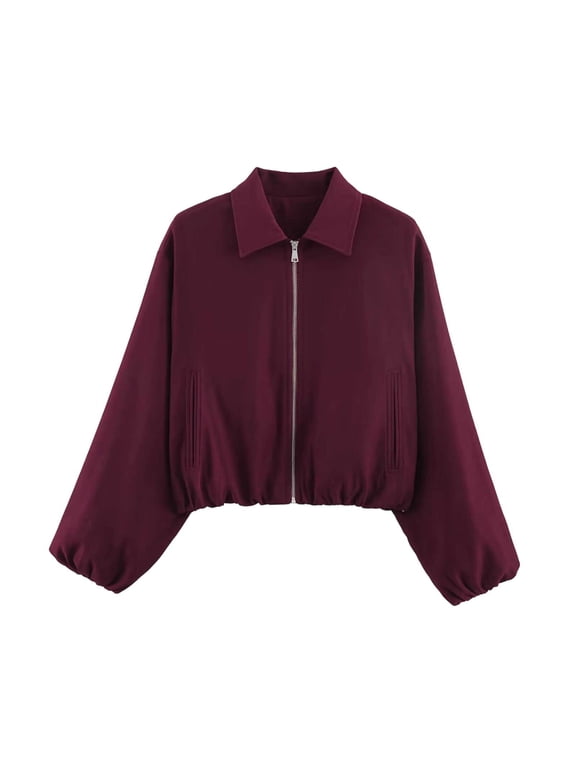Womens Solid Color Baseball Jacket Crop Lightweight Zipper Puffed Hem Loose Coat Long Sleeve Lapel Outerwear