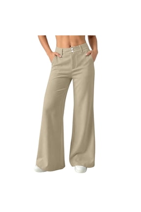 Womens Solid Color Business Casual Pants Button Zipper Waist Straight Wide Leg Commute Pants with Pockets