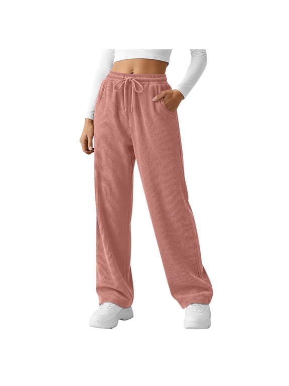 Womens Solid Color Casual Corduroy Pants Elastic Waist Drawstring Wide Leg Workout Gym Pants with Pockets