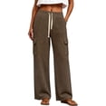 thumbnail image 1 of cocolona Womens Solid Color Casual High Waist Sweatpants Elastic Waist Drawstring Wide Leg Cargo Pants with Pockets, 1 of 5