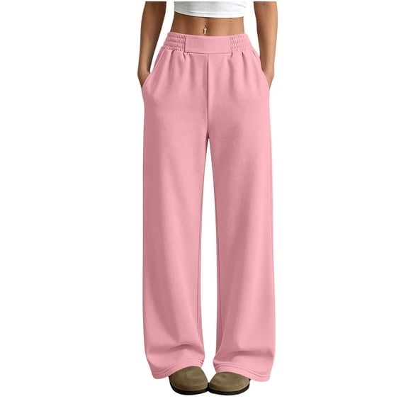 cocolona Womens Solid Color Casual Sweatpants Elastic Waist Straight Wide Leg Gym Workout Pants with Pockets
