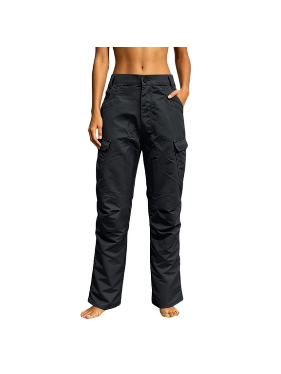 Womens Solid Color Casual Tactical Pants Elastic Waist Straight Outdoor Hiking Cargo Pants with Pockets