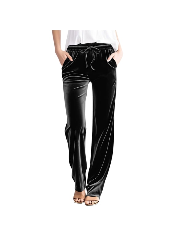 Womens Solid Color Casual Velvet Pants Elastic Waist Drawstring Wide Leg Travel Party Lounge Pants with Pockets
