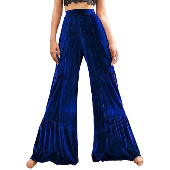 cocolona Womens Solid Color Casual Velvet Ruffle Pants Elastic Waist Straight Wide Leg Travel Pants with Pockets