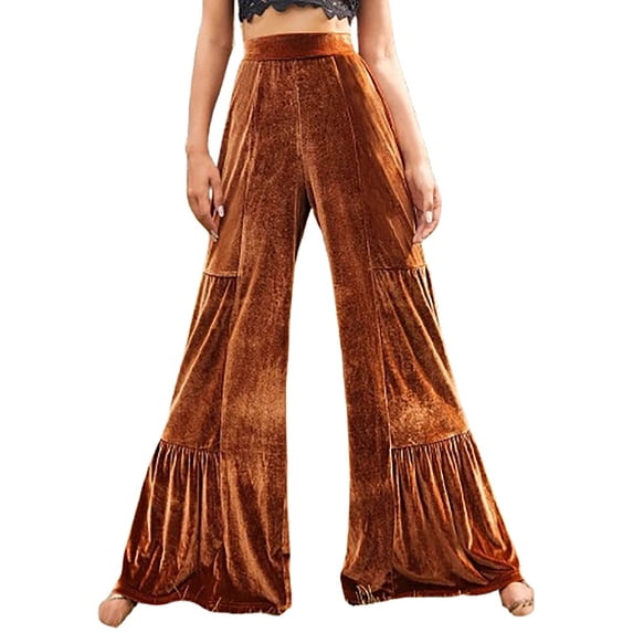 cocolona Womens Solid Color Casual Velvet Ruffle Pants Elastic Waist Straight Wide Leg Travel Pants with Pockets