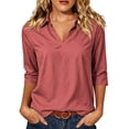 thumbnail image 1 of cocolona Womens Solid Color Collared Blouses 3/4 Sleeve Casual Shirts Summer Vacation Beach Tops, 1 of 7