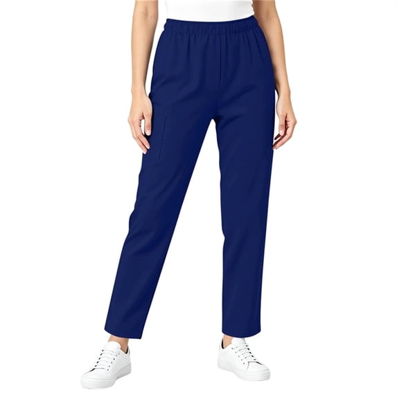 cocolona Womens Solid Color Loose Work Pants Elastic Waist Straight Wide Leg Work Uniform with Pockets