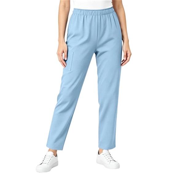 cocolona Womens Solid Color Loose Work Pants Elastic Waist Straight Wide Leg Work Uniform with Pockets