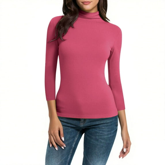 cocolona Womens Solid Color Turtleneck 3/4 Sleeve Shirts Fashion Casual Slim Fitted T-shirts Blouses Layer Tops