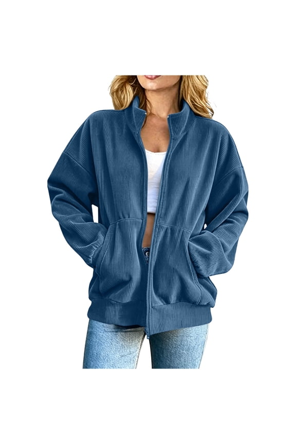 Womens Solid Color Zip Up Jacket Collared Long Sleeve Loose Corduroy Coat Fall Winter Tops with Pockets
