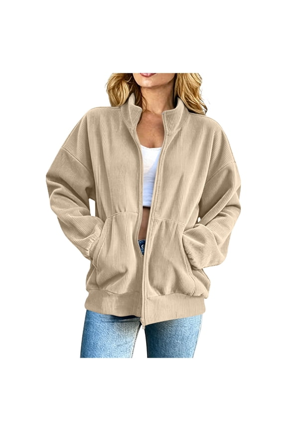 Womens Solid Color Zip Up Jacket Collared Long Sleeve Loose Corduroy Coat Fall Winter Tops with Pockets