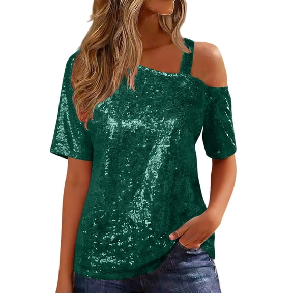 cocolona Womens Sparkly Off Shoulder Tops Summer Short Sleeve T-shirts Fashion Casual Loose Blouses