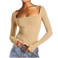 thumbnail image 1 of cocolona Womens Square Neck Layering Tops Trendy Solid Color Long Sleeve Slim Shirts, 1 of 3