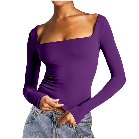 cocolona Womens Square Neck Layering Tops Trendy Solid Color Long Sleeve Slim Shirts