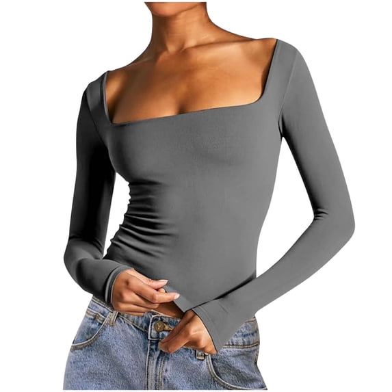cocolona Womens Square Neck Layering Tops Trendy Solid Color Long Sleeve Slim Shirts