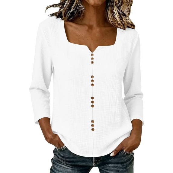 cocolona Womens Square Neck Tops Button Down 3/4 Sleeve Casual Shirts Trendy Solid Color Blouses