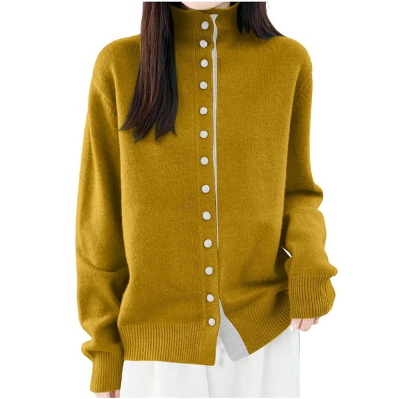 cocolona Womens Stand Collar Button Down Sweater Solid Color Long Sleeve Fall Winter Basic Layering Tops