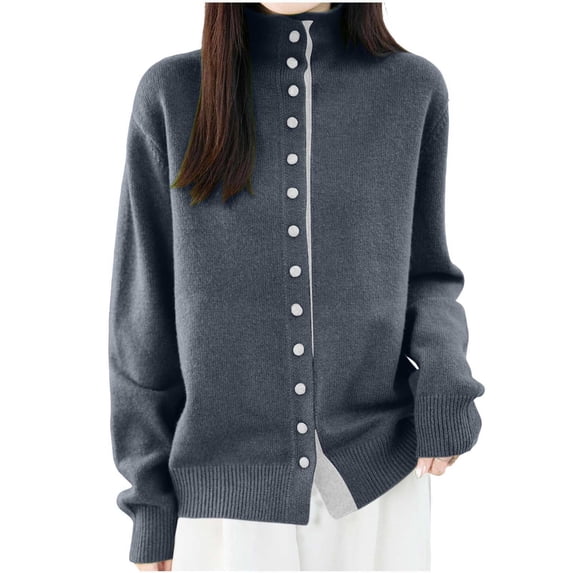 cocolona Womens Stand Collar Button Down Sweater Solid Color Long Sleeve Fall Winter Basic Layering Tops