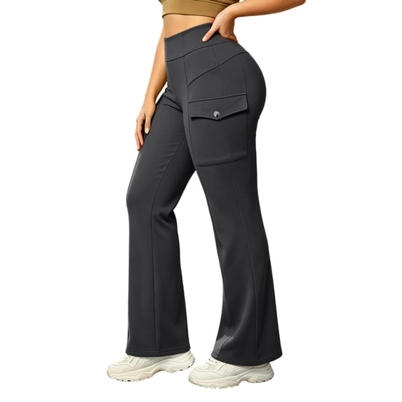 cocolona Womens Street Casual High Waist Cargo Flare Pants Fleece Lined Elastic Button Waist Wide Leg Gym Workout Pants with Pockets