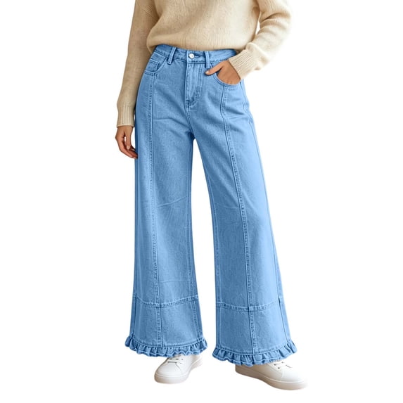 cocolona Womens Street Casual Loose Jean Pants Button Zipper Waist Straight Ruffle Wide Leg Denim Pants with Pockets
