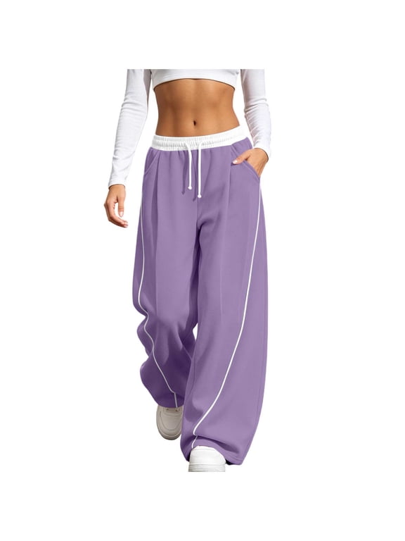Womens Street Casual Loose Sweatpants Patchwork Elastic Waist Drawstring Wide Leg Gym Workout Pants with Pockets