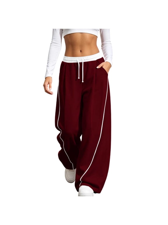 Womens Street Casual Loose Sweatpants Patchwork Elastic Waist Drawstring Wide Leg Gym Workout Pants with Pockets