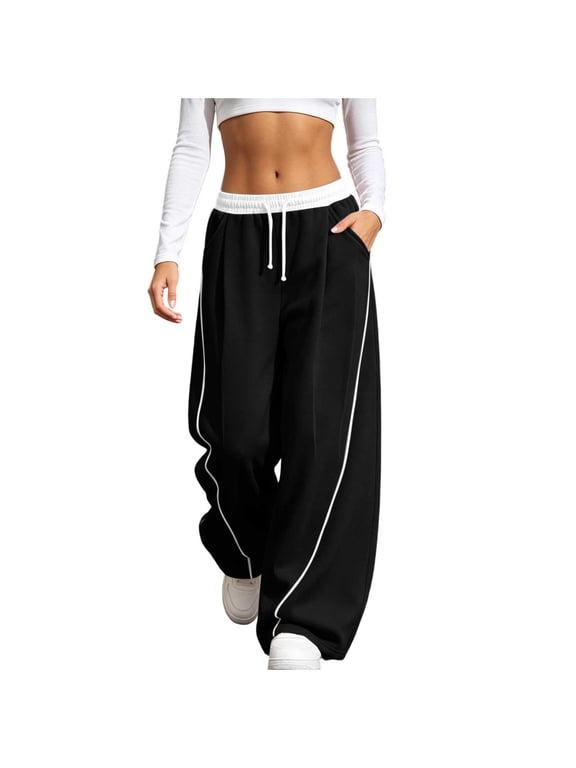 Womens Street Casual Loose Sweatpants Patchwork Elastic Waist Drawstring Wide Leg Gym Workout Pants with Pockets