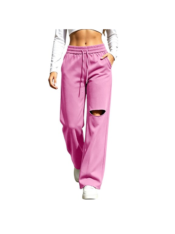 Womens Street Casual Ripped Sweatpants Elastic Waist Straight Wide Leg Gym Workout Running Pants with Pockets