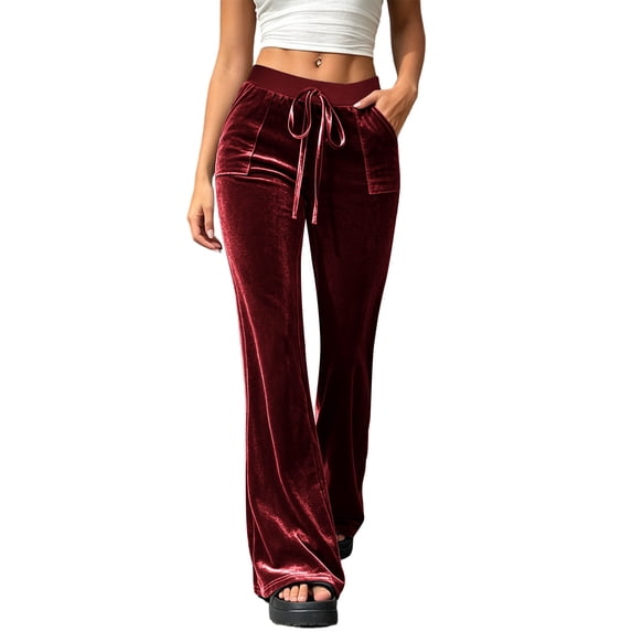 cocolona Womens Street High Waist Velour Pants Elastic Waist Straight Wide Leg Travel Pants with Pockets