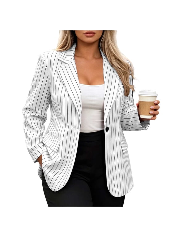 Womens Striped Button Blazers Long Sleeve Lapel Open Front Suit Jackets Work Office Casual Suit Coat