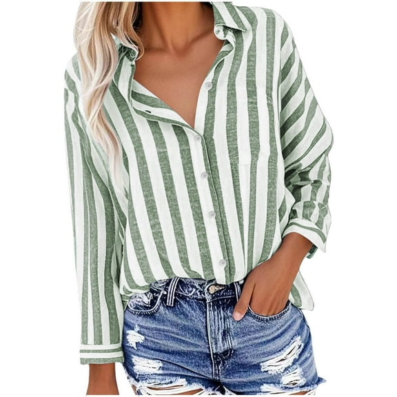 cocolona Womens Striped Long Sleeve Shirts Turndown Collar Button Blouses Fall Casual Lightweight Tops with Pocket