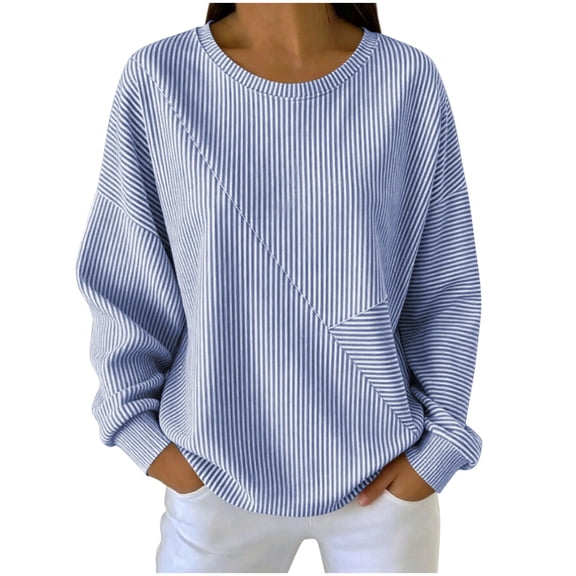 cocolona Womens Striped Pullover Sweatshirts Loose Crew Neck Long Sleeve Blouses Casual Oversized Fall Tops