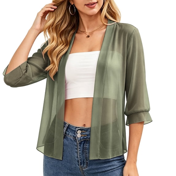 cocolona Womens Summer 3/4 Sleeve Cardigan Lightweight Solid Color Casual Cover Up Loose Flowy Outerwear