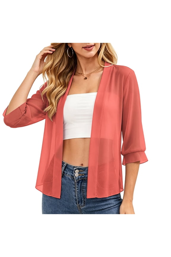 Womens Summer 3/4 Sleeve Cardigan Lightweight Solid Color Casual Cover Up Loose Flowy Outerwear