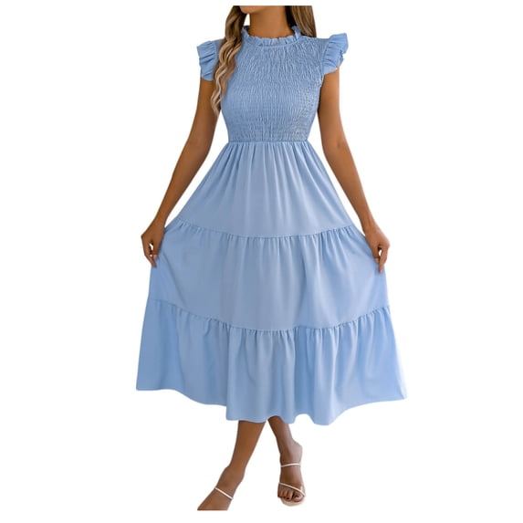 cocolona Womens Summer A-Line Tiered Long Dress Ruffle Sleeve Crew Neck Flowy Sundress Vacation Beach Dress