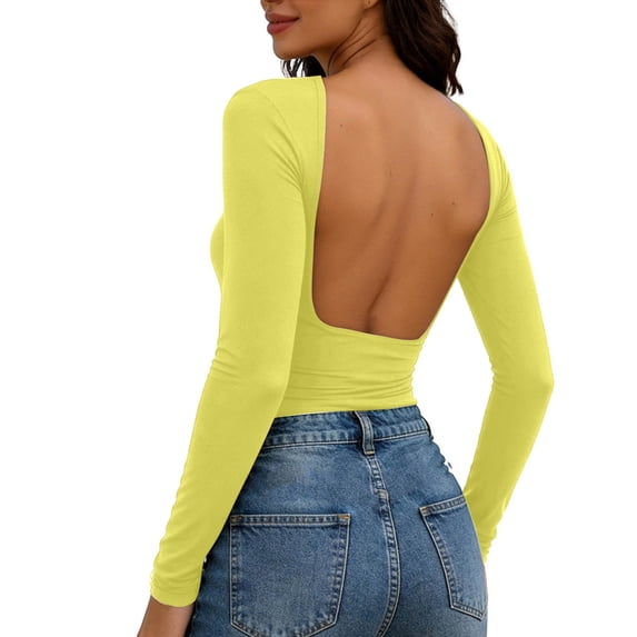 cocolona Womens Summer Backless Tops Crew Neck Long Sleeve Crop Slim Fit Shirts Going Out Casual Solid Color Blouses
