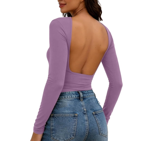 cocolona Womens Summer Backless Tops Crew Neck Long Sleeve Crop Slim Fit Shirts Going Out Casual Solid Color Blouses