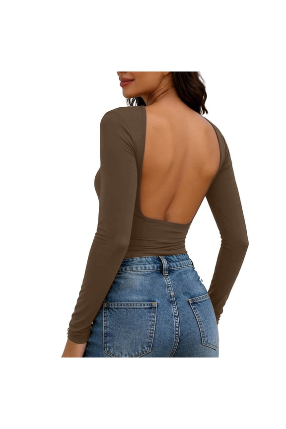 Womens Summer Backless Tops Crew Neck Long Sleeve Crop Slim Fit Shirts Going Out Casual Solid Color Blouses
