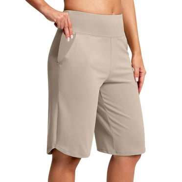 cocolona Womens Summer Bermuda Shorts Elastic Waist Knee Length Running Workout Yoga Shorts Casual Stretchy Gym Shorts Beige XL