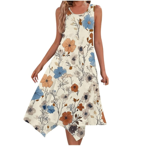 cocolona Womens Summer Boho Dress Crew Neck Sleeveless Pleated Flowy Tank Dress Fashion Casual Print Long Dress Beach Sundress