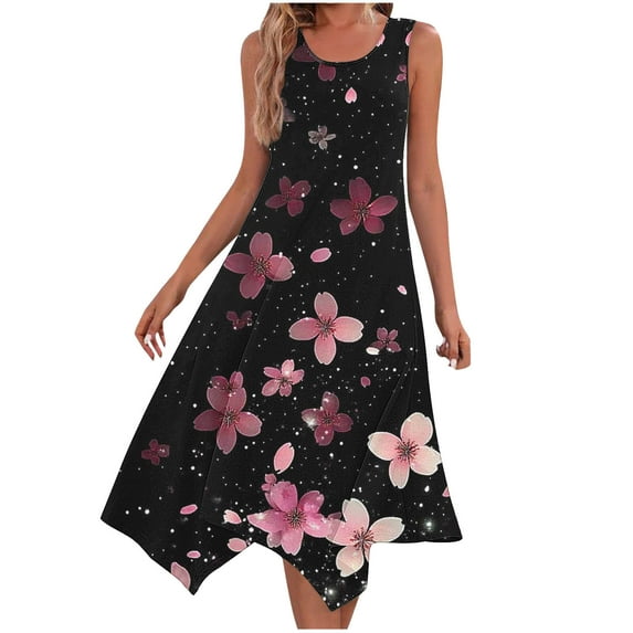 cocolona Womens Summer Boho Floral Print Dress Casual Crew Neck Sleeveless Pleated Flowy Midi Sundress Holiday Beach A Line Dress