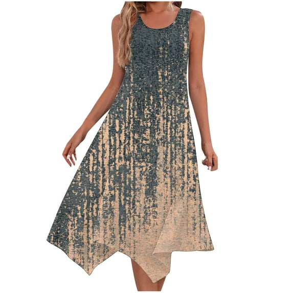 cocolona Womens Summer Boho Floral Print Dress Casual Crew Neck Sleeveless Pleated Flowy Midi Sundress Holiday Beach A Line Dress