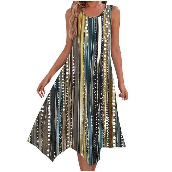cocolona Womens Summer Boho Floral Print Dress Casual Crew Neck Sleeveless Pleated Flowy Midi Sundress Holiday Beach A Line Dress