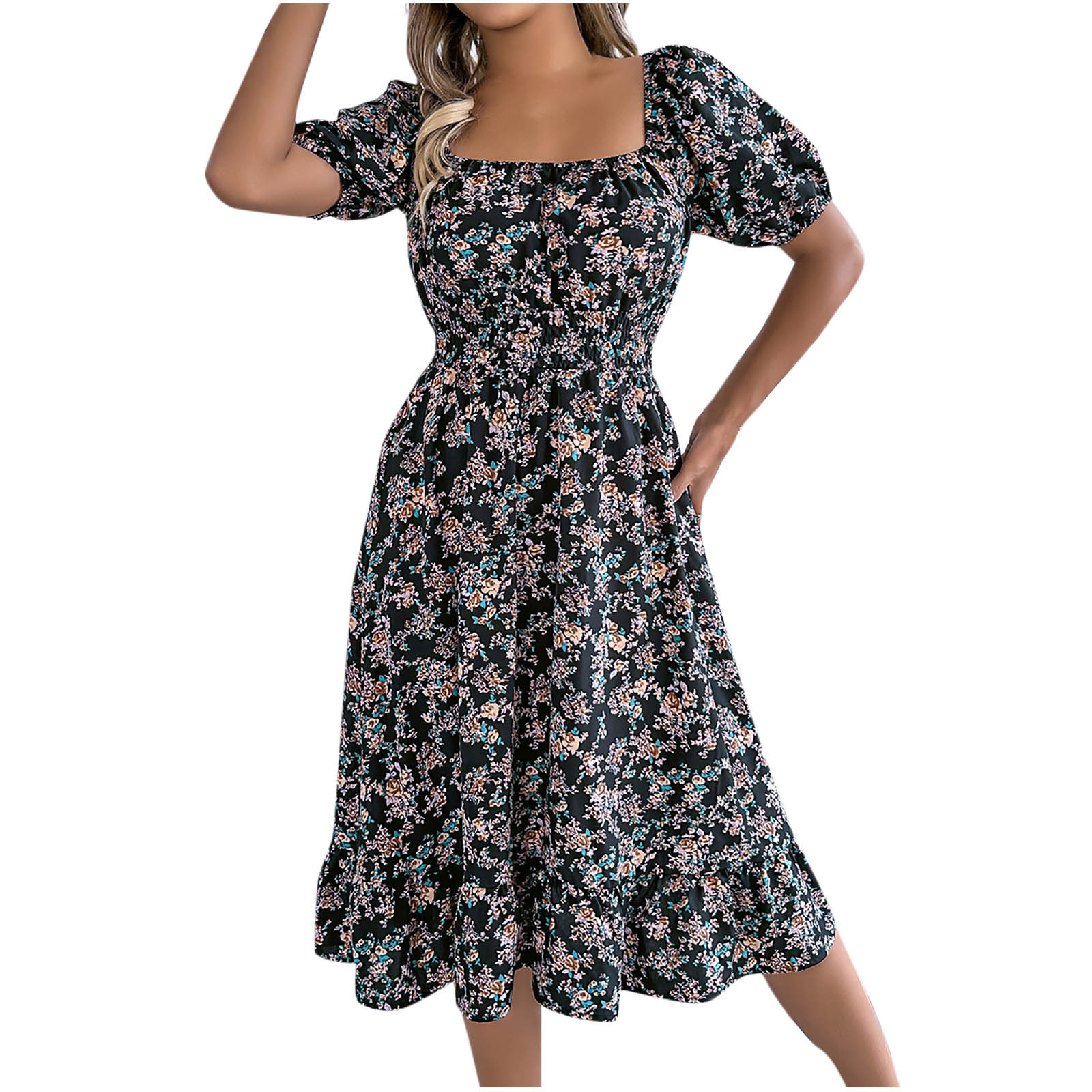 Cocolona Womens Summer Boho Floral Print Dress Square Neck Short Sleeve Cocolona Womens Summer Boho Floral Print Dress Square Neck Short Sleeve