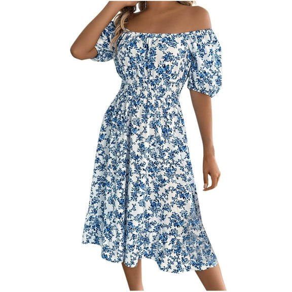 cocolona Womens Summer Boho Floral Print Dress Square Neck Short Sleeve Waist Frill Ruffle Flowy Sun Dress Casual Beach Midi Dress
