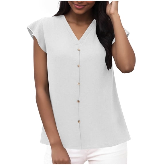 cocolona Womens Summer Button V Neck Tops Fashion Loose Solid Color Cap Sleeve T-shirts Lightweight Casual Blouses