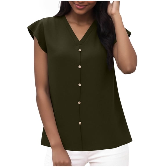 cocolona Womens Summer Button V Neck Tops Fashion Loose Solid Color Cap Sleeve T-shirts Lightweight Casual Blouses