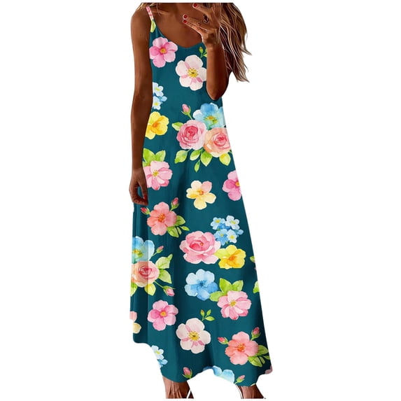 cocolona Womens Summer Cami Long Dress V Neck Sleeveless Floral Maxi Dress Vacation Beach Ruffle Flowy Sundress