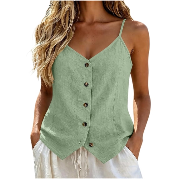 cocolona Womens Summer Camisole Linen Tank Tops V Neck Sleeveless Button Shirts Trendy Casual Adjustable Strap Solid Color Blouses